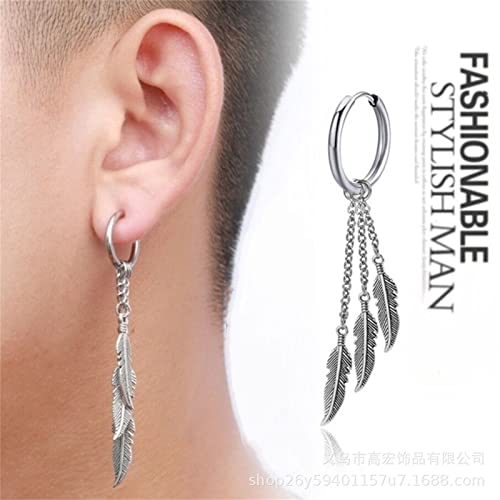 MALOYANVE Feather Dangle Earrings for Men Women 316L Surgical Stainless Steel Huggie Hoop Dangle Earrings Punk Hip Hop Vintage Feather Drop Earrings2