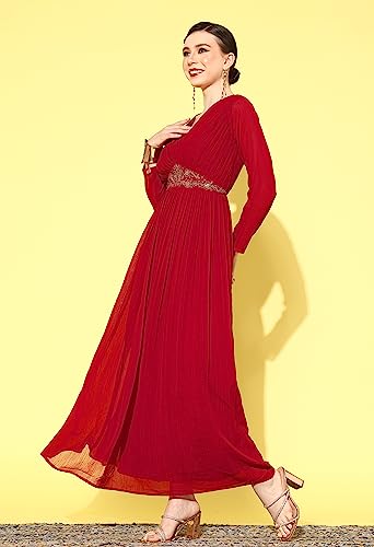 LYMI LABEL Gown for Women - Georgette Pleated Neck design Embroidery Belt Work Maxi Gown LYMI LABEL Gown for Women - Georgette Pleated Neck design Embroidery Belt Work Maxi Gown