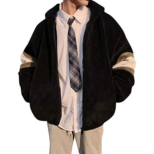 Aculldo ボアジャケット メンズ ボアブルゾン ジャケット ジャンパー ゆったり フード付き ボアコート アウター もこもこ 防寒 厚手 パーカー カジュアル 冬服 (ブラック,XXL)
