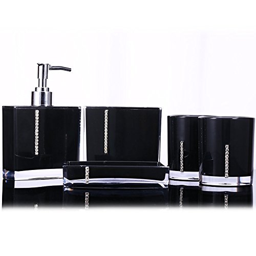 yosoo Erstklassig Set of 5 Acrylic Bathroom Lotion Bottle, Toothbrush Holder, Tumbler Holder, Soap Dish Black - Image 2