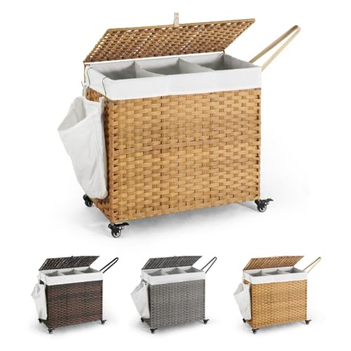 Image of CAPHAUS Laundry Basket w/Wheels, Synthetic Rattan Laundry Hamper w/Lid, Removable Liner Bags, Mesh Bags, Pulling Strap, Clothes Hamper for Laundry, Basket w/Lid for Storage, 160L, Natural