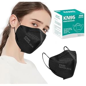 50PCS KN95 Face Masks Black 5 Layer Cup Dust Safety Filter Efficiency≥95% with Elastic Ear Loops and Nose Bridge Clip Breathable Mask