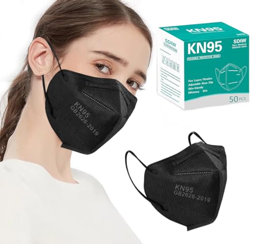SDIW 50PCS KN95 Face Masks Black 5 Layer Cup Dust Safety Filter Efficiency≥95% with Elastic Ear Loops and Nose Bridge Clip Breathable Mask