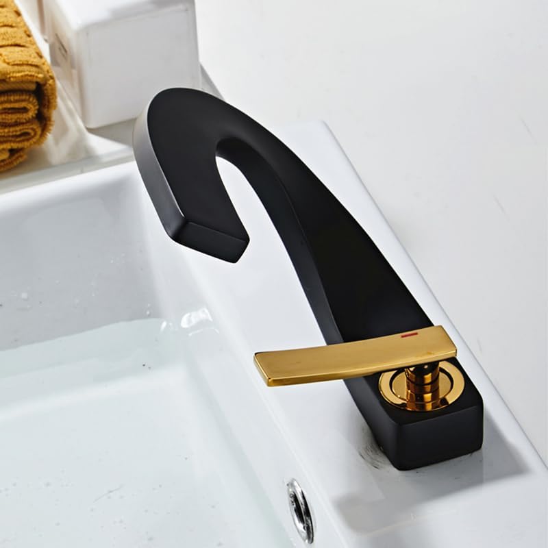 Modern Bathroom Sink Basin Faucet Brass Single Hole Single Handle Deck Mount Cold and Hot Mixed Creative Design Tap Including Two US Standard 3/8 Hoses Black Gold - Image 2