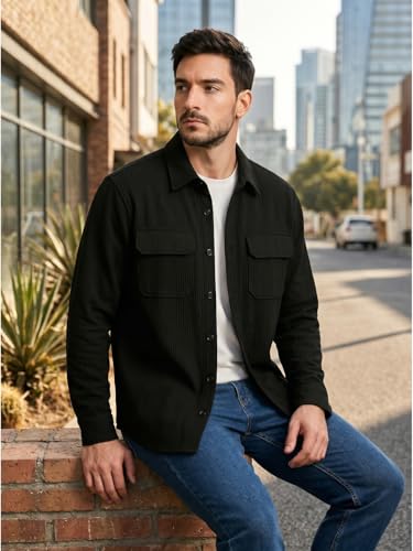 Image of DEELMO Men's Cotton Polyester Corduroy Shirt with Textured Pattern Spread Collar Full Sleeves Dual Pocket Front and Button Down Closure | Textured Shirts for Men | Shirts for Men Stylish