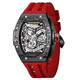 TSAR BOMBA Orologio automatico da uomo Tonneau Orologio scheletrato di lusso da uomo Orologio da polso meccanico impermeabile fino a 50 m con cinturino in fluoroelastomero,8228CF-Red Black