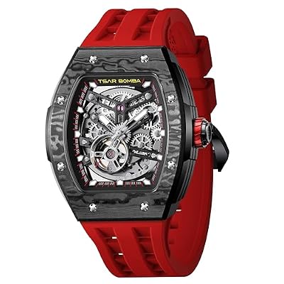 TSAR BOMBA Orologio automatico da uomo Tonneau Orologio scheletrato di lusso da uomo Orologio da polso meccanico impermeabile fino a 50 m con cinturino in fluoroelastomero,8228CF-Red Black