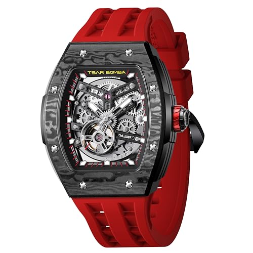 Image of TSAR BOMBA Men's Automatic Watch Tonneau Luxury Skeleton Watches for Men Mechanical 50M Waterproof Analogue Watches Mens Unique Cool Square Big Face Dial Wristwatch with Silicone Strap Band