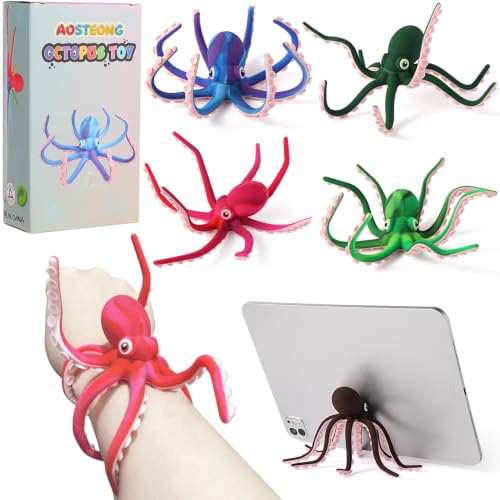 AOSTEONG Octopus Fidget Toy with Suction Cups – Silicone Stress Relief and Sensory Play Desk Toy, Bendable Tentacles for Creative Poses, Portable Gift for Kids, Teens and Adults (1 Pc-Red)