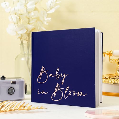 Image of Calculs Baby in Bloom Baby Shower Guest Book, Navy Blue | 8.5-inch square hardcover keepsake book, 32 blank sheets for messages and instant photos, pen included