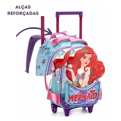 Kit Escolar Mochila Rodinhas Lancheira Estojo Sereia Ruiva cor:Verde