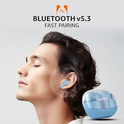 Image of amazon basics TWS in-Ear Earbuds (P50) with Fast Charging up to 50 Hours of Playtime | Dual 10mm Driver | IPX4 Water-Resistance | Bluetooth 5.3 | Quad Mic with ENC | Touch Control (Light Blue)