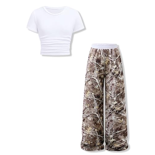Voxikodex Size 7 8 Years Girls Clothes 2 Piece Short Sleeve T-Shirt Tops & Brown Camo High-Waisted Pants Fashion Little Girls Spring Summer Outfits Set(7-8Y)
