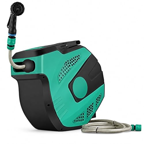 Retractable Garden Hose Reel 20m Wall Mounted Water Hose Reel with 7 Function Spray Gun 180 Swivel Bracket Auto Rewind Hose Pipe for Garden Patio Car Washing Green and Black