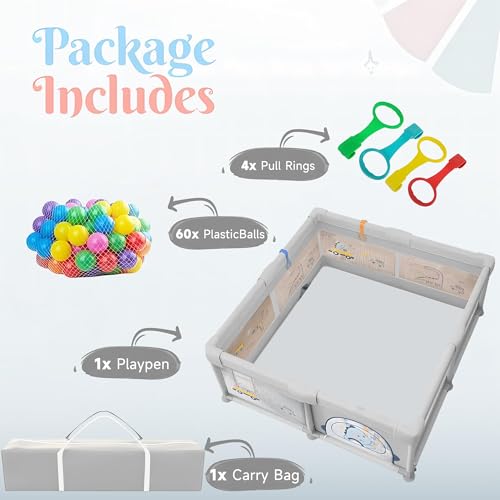 Baby Playpen, 200 x 180cm Playpen for Baby and Toddlers with 60 Ocean Balls, Basketball Hoop, 4 Pull Rings, Toddler Playpen Anti-Collision Foam Breathable Mesh Play Pens for Indoors-Dinosaur - Image 4