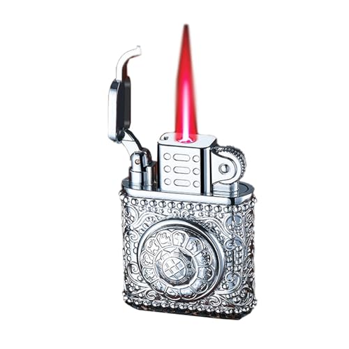 Briquet à Flamme Bleue à Injection directe à meule à l'ancienne, Design à Bascule en métal gaufré, réutilisable, adapté aux Essentiels de Camping (Or 2)(Silver)