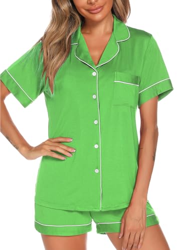 Image of Aamikast Button Up Pajama Set for Women Shorts Short Sleeve Knit Sleepwear 2 Pice Pjs Sets