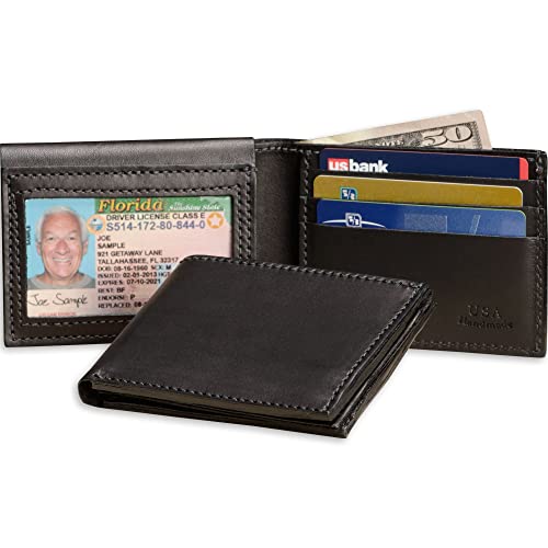 Premium Full Grain Bridle Leather Men’s Bifold Wallet With Flip Up Id Window – Black - Made In Usa #TOP1