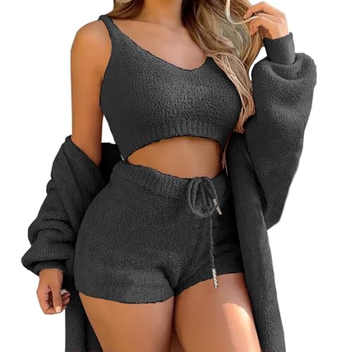 HRESSLBD Conjunto de pijama mullido de 3 piezas para mujer, cárdigan con capucha de sherpa, ropa para exteriores, ombliguera sin mangas, pantalones cortos (S-3XL), Conjunto de chaleco del mismo color