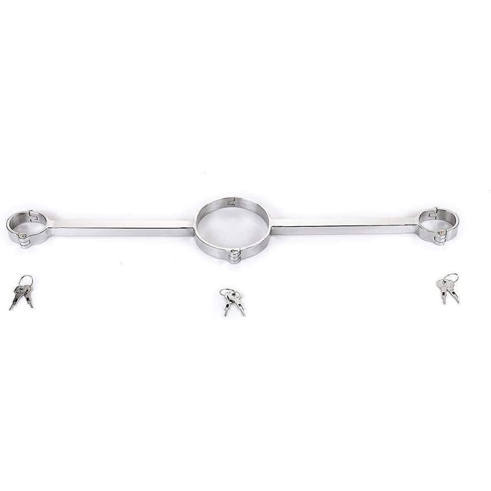 2Pcs Edelstahl Spreizstange Bondage Set mit Handschellen/Handfesseln+ Halsbänder+ Fußfesseln, Fuß/Hand Restraint, Fetish Folter BDSM Sklave Fesselset Erotik Sexspielzeug für Paare,Male-Silber