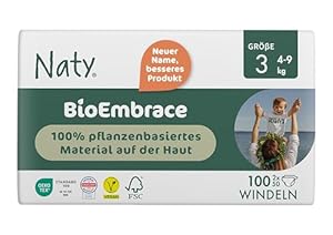 Naty BioEmbrace Baby Windeln Größe 3 (4–9 kg) | 100% pflanzenbasierte Materialien auf der Haut | Atmungsaktive Weichheit, dermatologisch getestet, exzellente Saugkraft | 100 Stück
