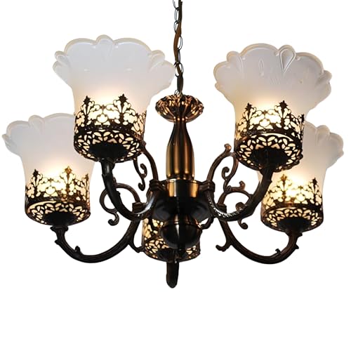 Image of SUANI Premium 5 Glass Lamp Colonial Antique Design Chandelier| Jhoomer for Home| Jhumar for Living Area| 40 Watt for Home and Decoration (Black and White) (Bulb Not Included)