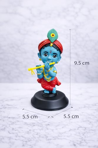 Image of Baby Krishna Blue Tone Car Dashboard Idol with Flute - Premium Hand-Painted Lord Krishna Murti for Car Dashboard, Home & Office Decor with Double-Sided Tape Base