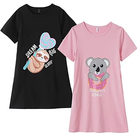 Hupohoi Big Girls' Summer Short Sleeve Nightgown Cute Donut Koala Candy Sloth Patterns Sleepshirt 2PCS Nighty Sleep Dress, 2pcsKoala-Sloth, 12(US 8-11 Years) Cover