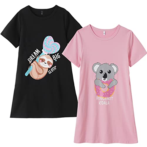 Big Girls' Summer Short Sleeve Nightgown Cute Donut Koala Candy Sloth Patterns Sleepshirt 2PCS Nighty Sleep Dress, 2pcsKoala-Sloth, 12(US 8-11 Years)