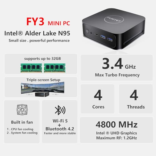 Image of FUNYET Mini PC Desktop Computer with Intel 12th Gen Alder Lake N95(up to 3.4GHz), 16GB DDR4 RAM 1TB SSD, Supports 4K Displays, Windows 11 Pro(Black)
