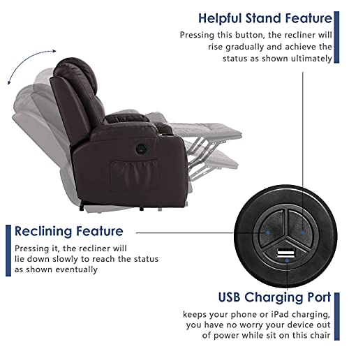 Power Lift Recliner Chairs for Elderly with Massage & Heating, PU Leather Sleeper Chair Sofa Recliners for Living Room, Home Theater Seat Infinite Position/Cup Holders/USB Port/Lumbar Pillow (Brown) - Thumbnail 3