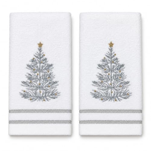 Christmas White Silver Tree Guest Fingertip Bathroom Towels, 12x18"