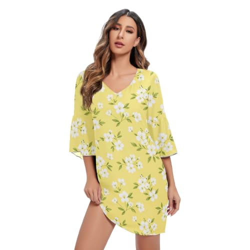 Robe en mousseline de soie à fleurs jaune avec col en V fluide pour femme