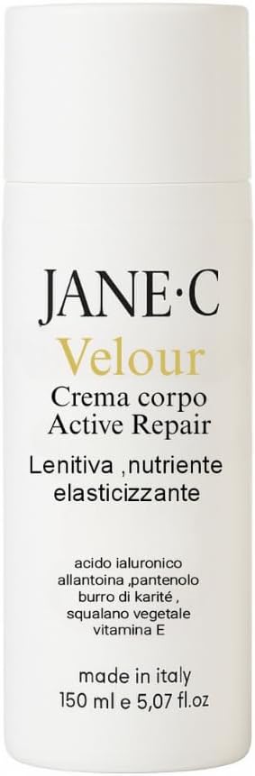 JANE•C Velour – Crema Corpo Ultra Idratante •Rigenerante e Lenitiva a Rapido Assorbimento • Con Acido Ialuronico, Pantenolo e Vitamina E • Ideale per pelle secca e sensibile • Made in Italy –150 ml