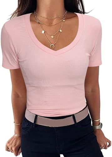 Aottori T-Shirt Damen V-Ausschnitt Gerippt Basic Top Kurzarm Sommer | Rippshirt, Oberteile, Slim Fit, Stretch, Eng, Elegant, Casual, Einfarbig, für Alltag Freizeit Büro
