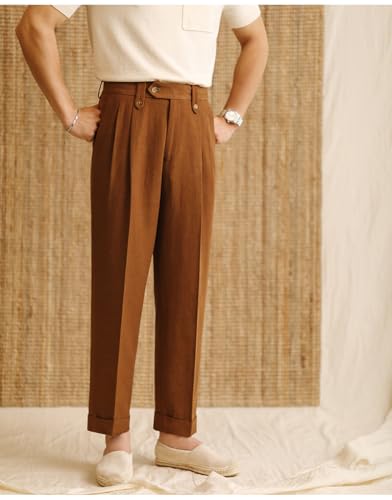 Mens Summer Linen Blend Dress Pants Vintage Modern Fit Suit Linen Pants Lounge Trousers(Ivory34W34L)