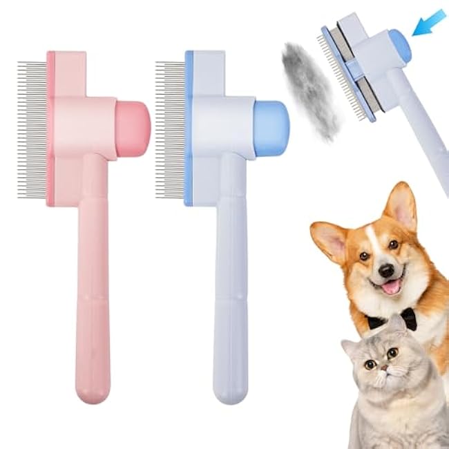 2PCS Flea Comb for Cats & Dogs ¨C Magic Self-Cleaning Cat Grooming Brush with Stainless Steel Teeth, Cat Combs for Fleas and Ticks, Indoor Pets, Fine Tooth Comb for Kittens-C9TFUqSE