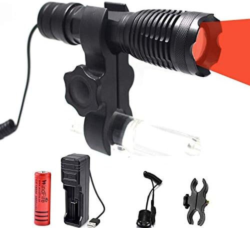 WindFire Red Light LED Torch, Zoomable 2000 Lumens Coyote Hog Varmint Hunting Torch, Waterproof Flashlight with Scope Mount, Pressure Switch & Battery, for Night Observation, Astronomy
