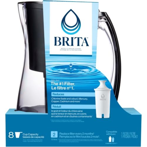 Brita 8 Pitcher de filtre de tasse, réduit le goût et l'odeur de chlore de l'eau du robinet, filtres 151 Litres, Marina, Noir