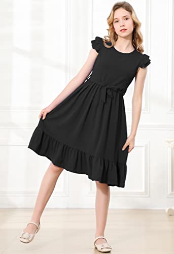 Retsugo FBA83B014480107 Little Girls Black Dress Flutter Sleeve Flowy Swing Casual A-Line Flowy Tiered Maxi Dress Kids Summer Clothes Party Dress thumb #5