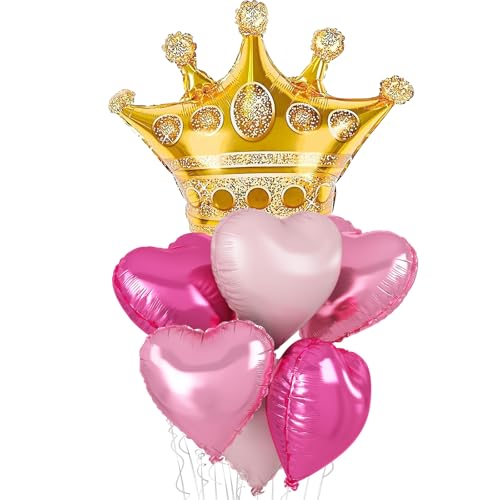Image of Pink Mixed Heart and Crown Balloon Galentines Valentines, Gold Large Crown Foil Balloons with Hot Light Pastel Pink Heart Shape Mylar Balloon Set for Girls Princess Queen Pink Party Decoration