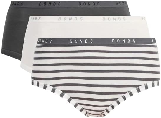 Bonds 3 Pairs X Womens Cottontail Full Brief Underwear White/Charcoal Stripes 12 White/Charcoal Stripes