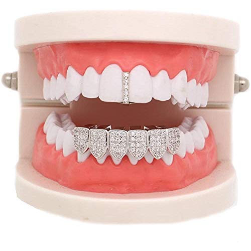 canjoyn 18K Gold Silver Pave Full CZ Bar Grillz Teeth Top and 6 Bottom Set Grills + Extra Molding Bars