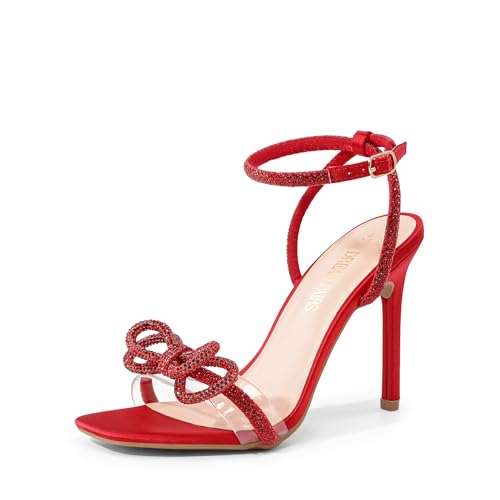 DREAM PAIRS Women's Double Bowknots Crystal Sandals Clear Slingback Heels Square Toe Shoes for Party Wedding Brielle,Size 8,Red-Satin,SDHS2389W