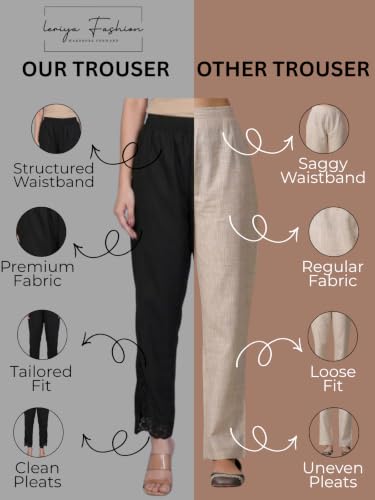 Image of Leriya Fashion Trousers for Women | Cotton Ethnic Palazzo Pants with Lace Embroidery | Elastic Waist Wide Leg Casual Women Trousers | Comfortable Summer Woman Trouser Pants
