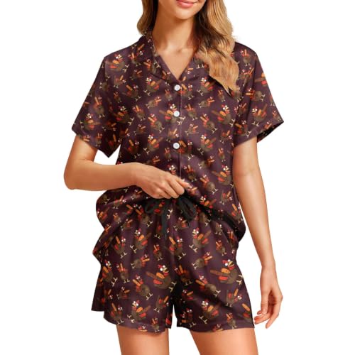 Image of Funny Satin Pajamas Set for Women Button Down Sleepwear Print Pjs Set 2 Piece Short Sleeve Loungewear Gift for Women