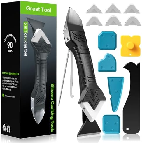 Silicone Caulking Tool, 5 in 1 Caulking Sealant Finishing Tool with Grout Scraper, 6 Exchange Silicone Pads, Adhesive Residue Scraper Seam Repair Kit for Kitchen Bathroom (White)
