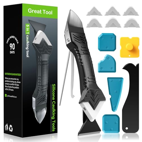 Silicone Caulking Tool, 5 in 1 Caulking Sealant Finishing Tool with Grout Scraper, 6 Exchange Silicone Pads, Adhesive Residue Scraper Seam Repair Kit for Kitchen Bathroom (White)