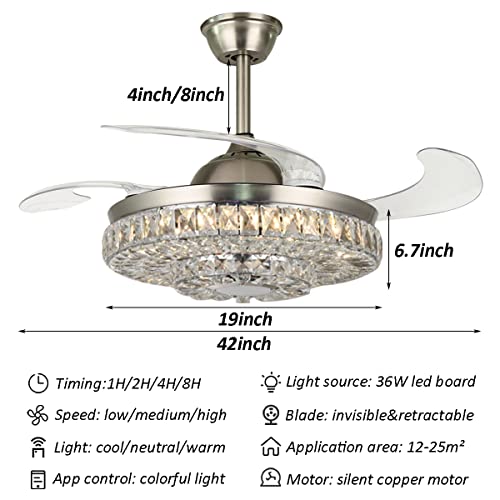 Fanryo 42’’ Modern Ceiling Fan With Lights And Bluetooth Speaker, Smart Crystal Chandelier Ceiling Fan 7 Dimmable Color 3 Speed Fandelier Remote Control, Retractable Blades Silent Motor Music Player #TOP6
