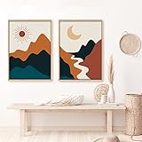 Bankrenart Boho Wall Art Mid Century Abstract Sun and Moon Reiver Landscape Mountain Boho Decor Unframed Canvas Print Wall Art Minimalist Artwork Prints for Living Room Bedroom Office (16'x24'x2)